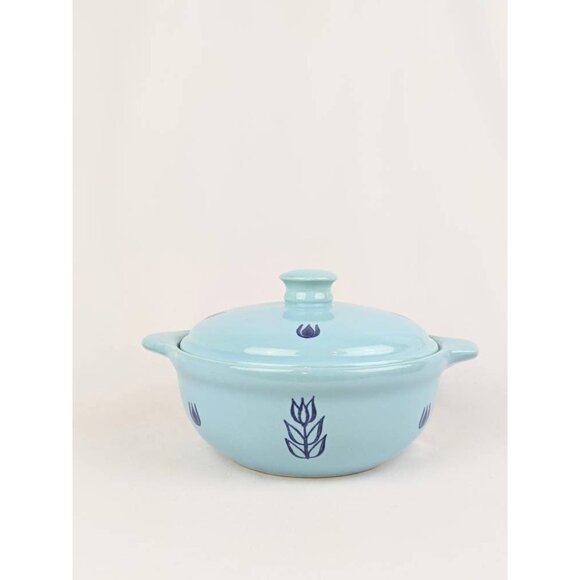 Set of 2 Blue Tulip Pottery Bowls | MCM Blue Crock Pot Individual Casserole Soup - Picture 6 of 9